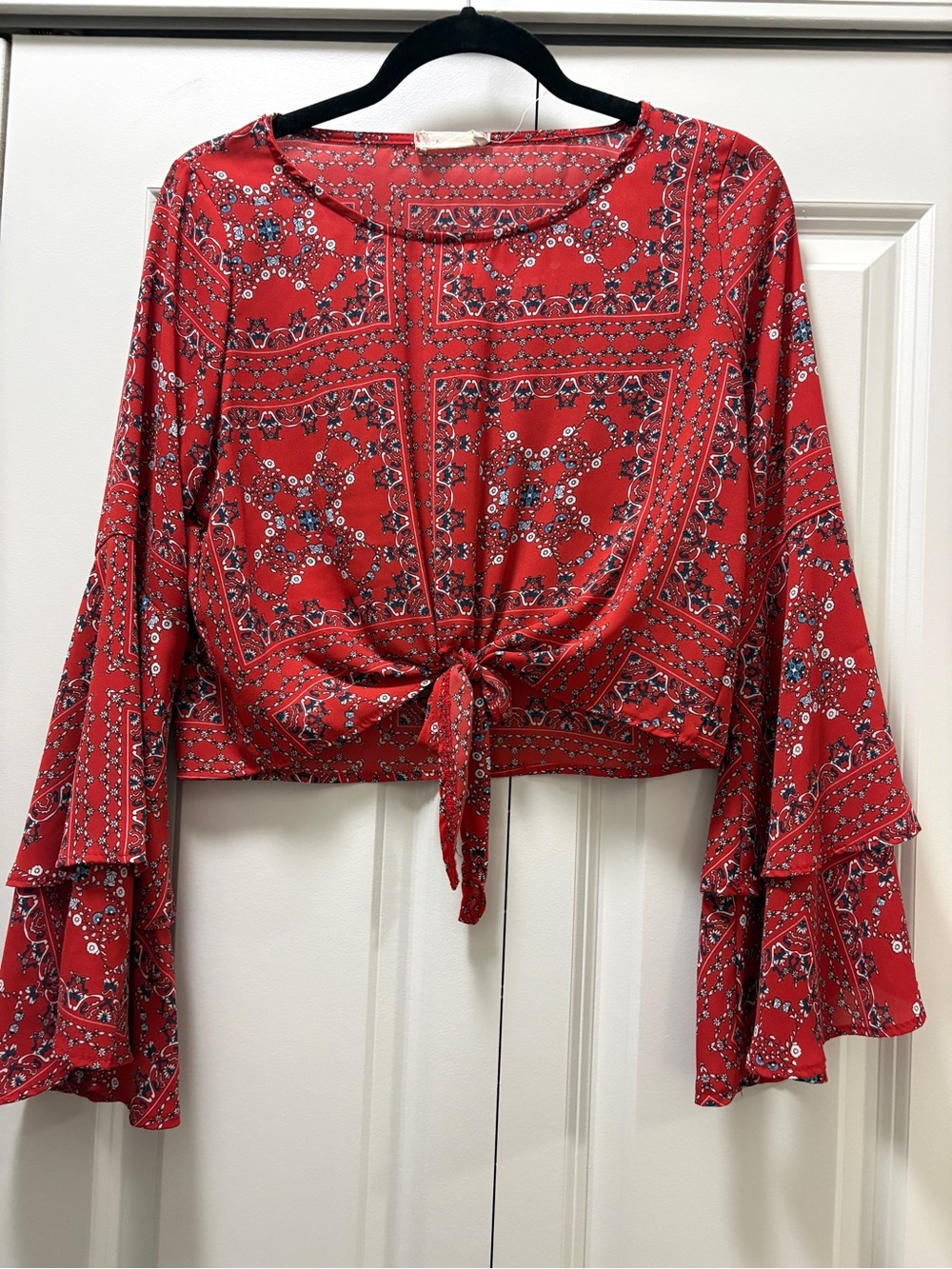 Altar'd State Red Floral Tie-Front Bell Sleeve Crop Top